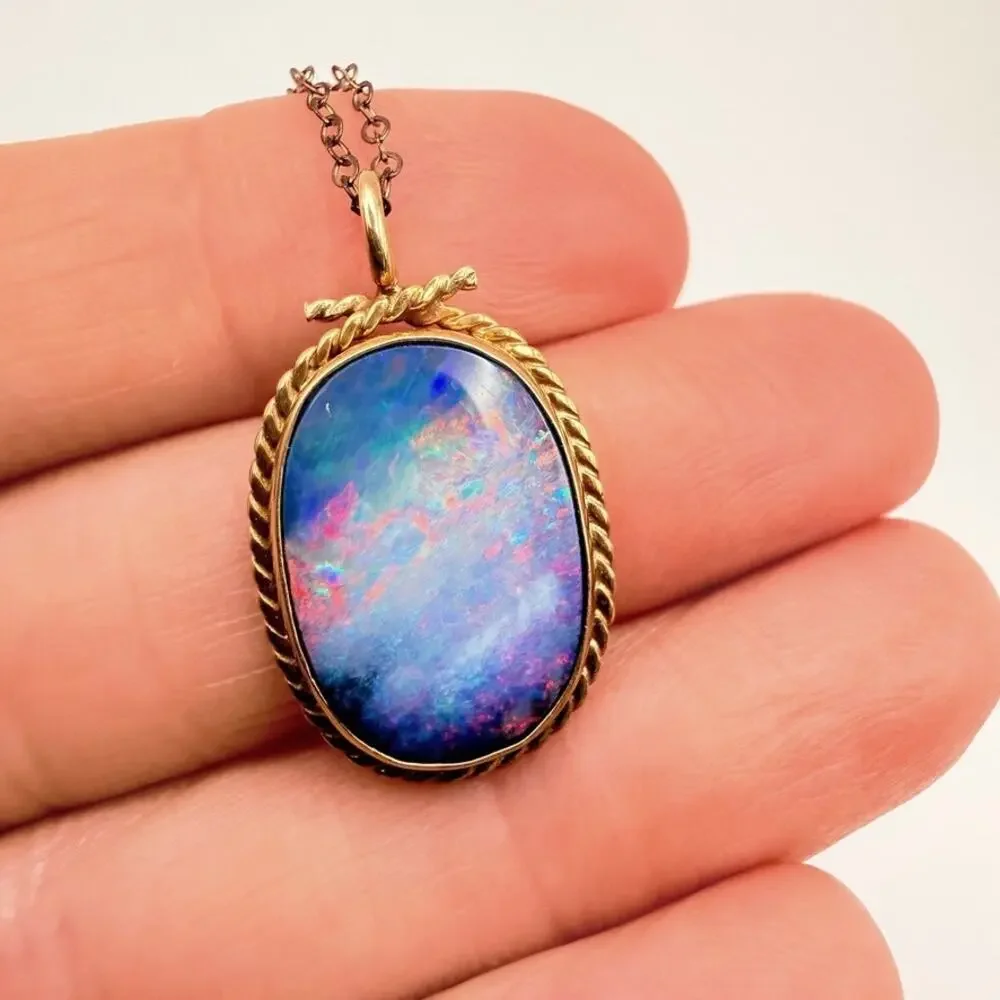 Vtg 9K Gold Australian Opal Doublet Pendant Necklace Twisted Rope 15.8ct - 19" - Picture 1 of 9